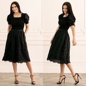Rachel Parcel Black Eyelet Midi Skirt Size M